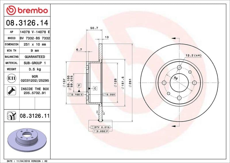 Brake disc Achter Links/Rechts past: ALFA ROMEO 164  FIAT BRAVO, BRAVO II, CROMA, LINEA, MULTIPLA, STILO  LANCIA DELTA III, LYBRA, THEMA 1.2-3.0 11.84-