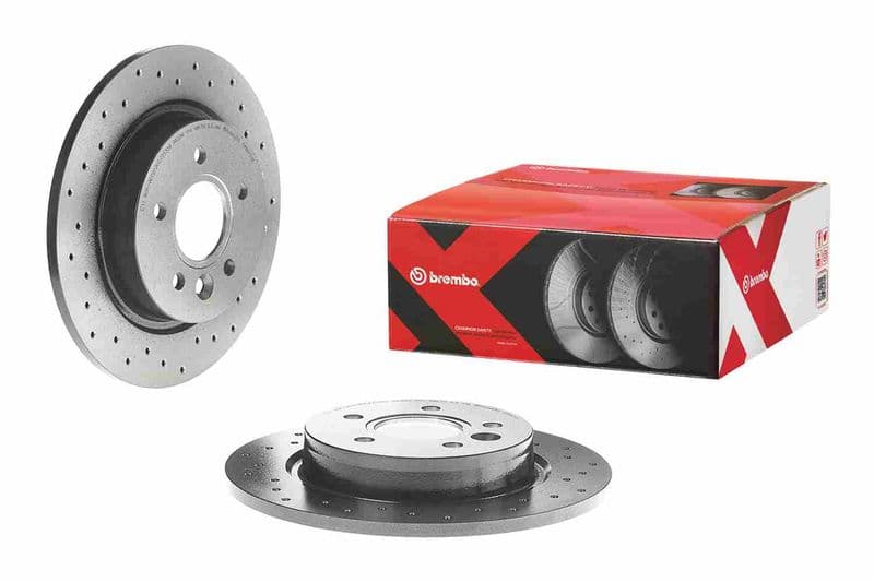 Brake disc, BREMBO Xtra, 1pcs, Drilled, Achter   Links/Rechts, buitendiameter 280 mm, dikte 11 mm, past: VOLVO C30, C70 II, S40 II, V40, V50  FORD C-MAX, FOCUS C-MAX 1.4-Electric 10.03-08.19