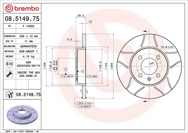 Brake disc, BREMBO Max, 1pcs, Cut, Voor   Links/Rechts, buitendiameter 256 mm, dikte 13 mm, past: CHERY COWIN, FENGYUN  SEAT INCA, TOLEDO I  VW CADDY II, GOLF III, GOLF IV 1.3-2.0 02.88-12.10