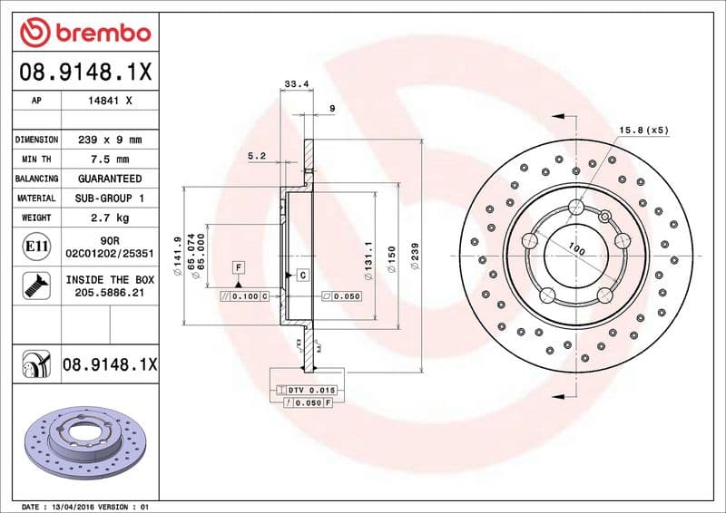 Brake disc, BREMBO Xtra, 1pcs, Drilled, Achter   Links/Rechts, buitendiameter 239 mm, dikte 9 mm, past: AUDI A3, TT  SKODA OCTAVIA I  VW BORA, BORA I, GOLF IV 1.6-3.2 12.96-12.13