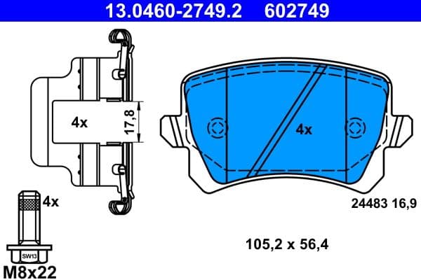 Remblokken set Achter (voor ongeventileerde schijven), past: AUDI A3, A4 B6, A4 B7, A6 ALLROAD C6, A6 C6, Q3, TT  SEAT ALHAMBRA, ALTEA, EXEO, EXEO ST, LEON, TOLEDO III 1.2-Electric 02.98-12.22