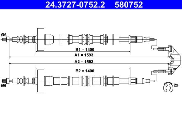 Handremkabel Achter Links/Rechts (1593mm/1593mm) past: OPEL ASTRA G, ASTRA G CLASSIC 1.2-2.2D 02.98-12.09