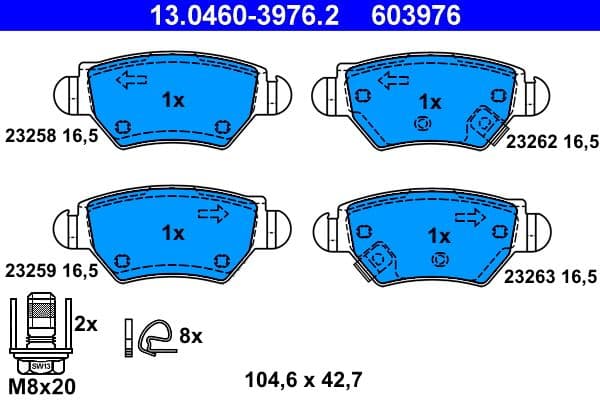 Remblokken set Achter (met extra's  met remklauw geleidingsbouten), past: CHEVROLET VIVA  OPEL ASTRA G, ASTRA G CLASSIC, ZAFIRA A 1.2-2.2D 02.98-12.09