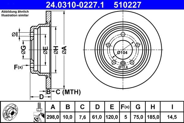 Brake disc, 1pcs, ATE PowerDisc, vol, Cut, Achter   Links/Rechts, buitendiameter 298 mm, dikte 10 mm, past: BMW 5 (E39) 2.0-3.0D 09.95-06.03