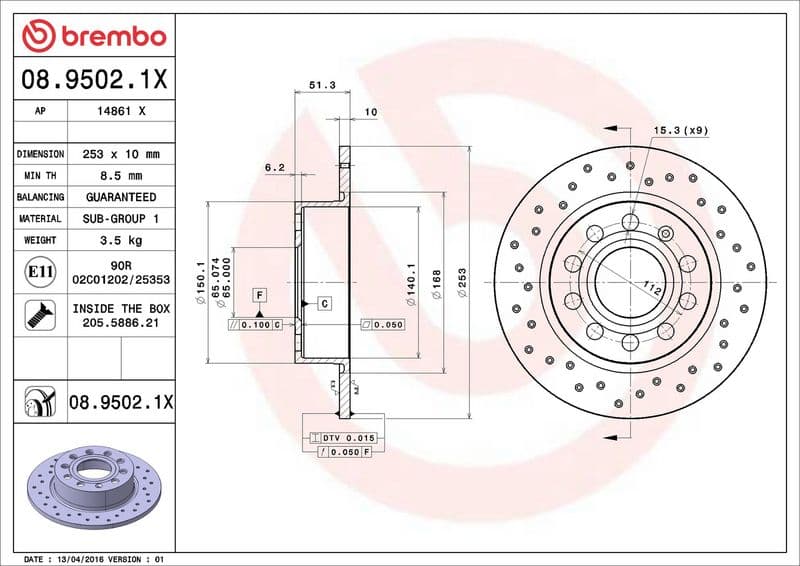 Brake disc, BREMBO Xtra, 1pcs, Drilled, Achter   Links/Rechts, buitendiameter 253 mm, dikte 10 mm, past: AUDI A3  DAEWOO LANOS  OPEL CALIBRA A  SEAT ALTEA, ALTEA XL, LEON 1.0-Electric 08.89-