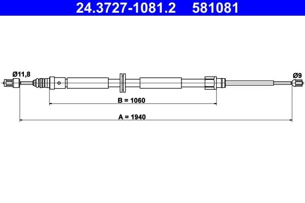 Handremkabel Achter Links/Rechts (1940mm) past: RENAULT MEGANE III 1.2-2.0D 11.08-01.16