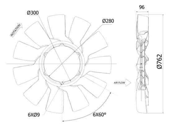 Radiator plezier (diameter 762 mm, aantal bladen 11) past: CASE IH 10 C1H, 235, 250, 260, 2654, 280, 290, 310, 315, 3154, 340, 370  NEW HOLLAND T8.275, T8.300, T8.320, T8.330, T8.350, T8.360, T8.380