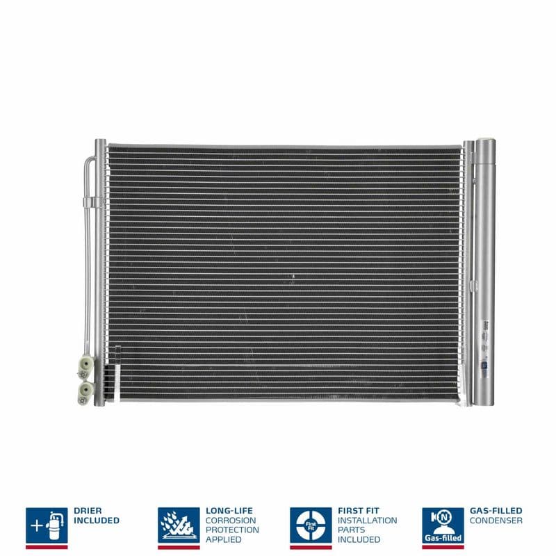 A/C condensator (met droger, (EN) additional fitting elements) past: BMW 5 (F10), 5 (F11), 5 GRAN TURISMO (F07), 6 (F12), 6 (F13), 6 GRAN COUPE (F06), 7 (F01, F02, F03, F04) 2.0D-4.4H 02.08-10.18