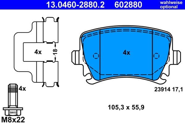 Remblokken set Achter (met extra's  met remklauw geleidingsbouten  voor ongeventileerde schijven), past: AUDI A3, A4 B6, A4 B7, A6 ALLROAD C6, A6 C6, Q3, TT  SEAT ALHAMBRA 1.2-Electric 02.98-12.22