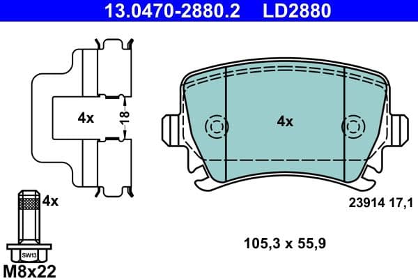 Keramische remblokken Achter (met extra's  met remklauw geleidingsbouten  voor ongeventileerde schijven), past: AUDI A3, A4 B6, A4 B7, A6 ALLROAD C6, A6 C6, Q3, TT 1.2-Electric 02.98-12.22