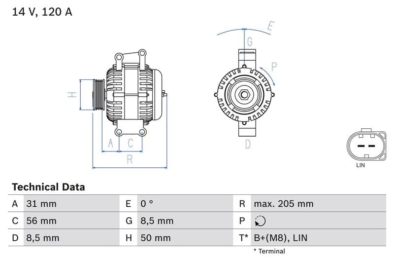 Dynamo (14V, 120A, gereviseerd) past: MERCEDES SPRINTER 3,5-T (B906), SPRINTER 3,5-T (B909), SPRINTER 3-T (B906), SPRINTER 4,6-T (B906), SPRINTER 4,6-T (B909) 2.1D/2.2D/3.0D 09.03-