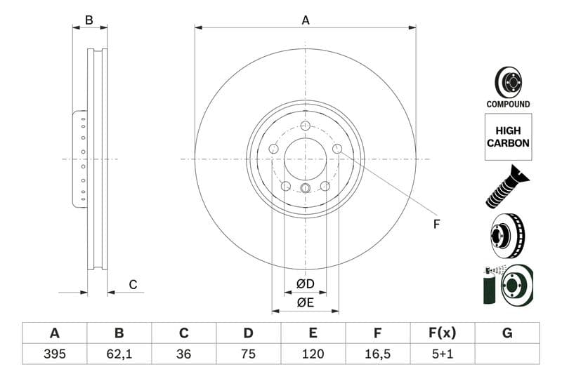 Brake disc Voor Links past: BMW X5 (E70), X5 (F15, F85), X6 (E71, E72), X6 (F16, F86) 2.0-4.4 10.06-07.19