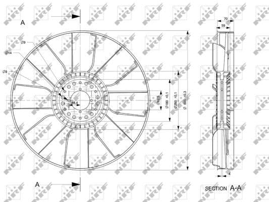 Radiator plezier (diameter 595mm, aantal bladen 8) past: MERCEDES ATEGO 2, AXOR 2, UNIMOG OM900.920-OM924.923 03.00-