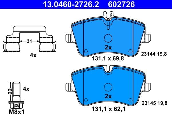 Remblokken set Voor (met extra's  met remklauw geleidingsbouten), past: MERCEDES C (CL203), C T-MODEL (S203), C (W203), CLC (CL203), CLK (A209), CLK (C209), SLK (R171) 1.6-3.2 05.00-06.11