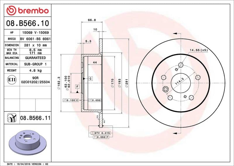 Brake disc Achter Links/Rechts past: LEXUS ES  TOYOTA AVALON, CAMRY 2.0-3.5 01.05-03.18