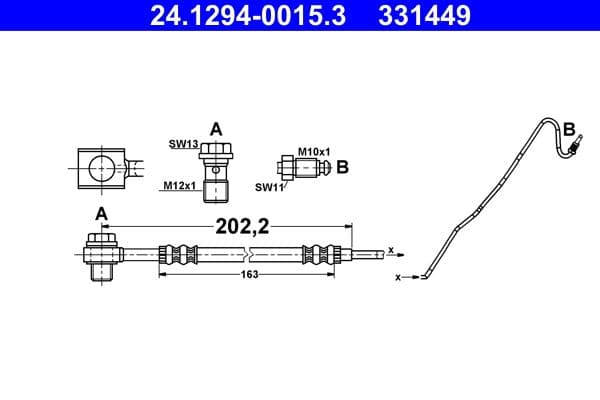 Remleiding/slang flexibel Achter Rechts (lengte 202,2mm, M10x1/M10x1) past: AUDI A1  SEAT IBIZA IV, IBIZA IV SC, IBIZA IV ST  VW POLO V, POLO VIVO 1.0-2.0D 03.08-05.22