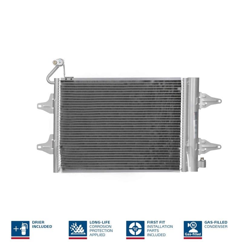 A/C condensator (met droger, (EN) additional fitting elements) past: SEAT CORDOBA, IBIZA III  SKODA FABIA I, FABIA I PRAKTIK, FABIA II, ROOMSTER, ROOMSTER PRAKTIK  VW FOX, POLO IV 1.0-2.0 08.99-