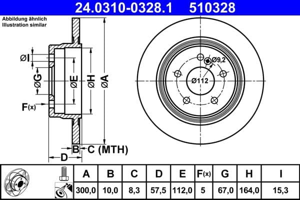 Brake disc, 1pcs, ATE PowerDisc, vol, Cut, Achter   Links/Rechts, buitendiameter 300 mm, dikte 10 mm, past: MERCEDES C (C204), C (W204), C T-MODEL (S204), E (A207), E (C207) 1.6-3.0 01.07-