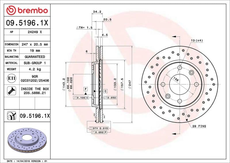 Brake disc, BREMBO Xtra, 1pcs, Drilled, Voor   Links/Rechts, buitendiameter 247 mm, dikte 20,4 mm, past: CITROEN AX, SAXO, XSARA, ZX  PEUGEOT 106 I, 106 II, 206, 206+ 1.1-Electric 01.89-08.13