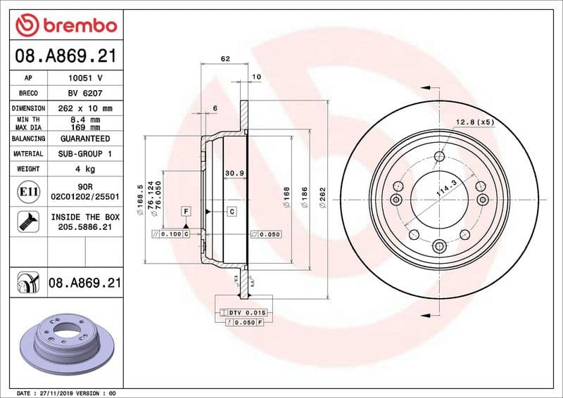Brake disc Achter Links/Rechts past: HYUNDAI ELANTRA IV, I30, SONATA V, SONATA VI, SONATA VII, TUCSON, XG  KIA MAGENTIS II, OPTIMA, SPORTAGE II, SPORTAGE III  SUBARU IMPREZA 1.6-3.5 12.98-12.19