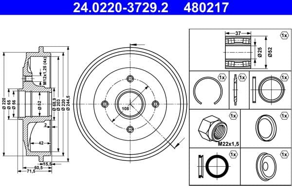 Brake drum Achter ((EN) with a wheel bearing kit) past: CITROEN C2, C2 ENTERPRISE, C3 I, C3 II, C3 PLURIEL  PEUGEOT 1007, 206, 206+ 1.1-2.0D 08.98-