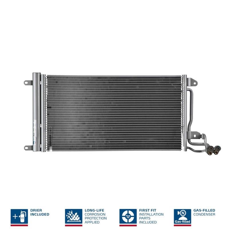 A/C condensator (met droger, (EN) additional fitting elements) past: AUDI A1  SEAT IBIZA IV, IBIZA IV SC, IBIZA IV ST, TOLEDO IV  SKODA FABIA II, FABIA II PRAKTIK, FABIA III 1.0-2.0D 09.06-12.22