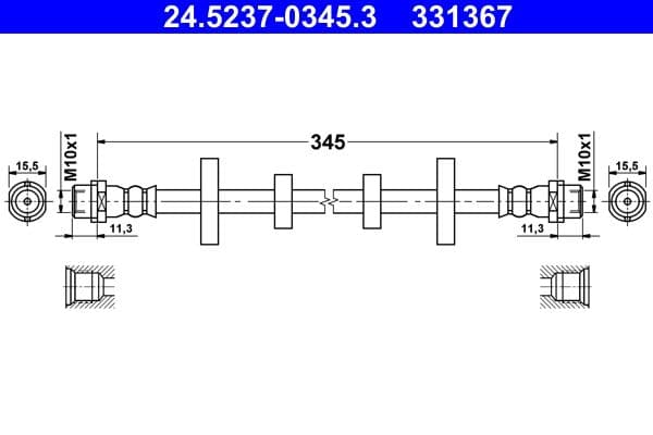 Remleiding/slang flexibel Voor Links/Rechts (lengte 345mm, M10x1/M10x1) past: VW TRANSPORTER T4 1.9D-2.8 07.90-06.03