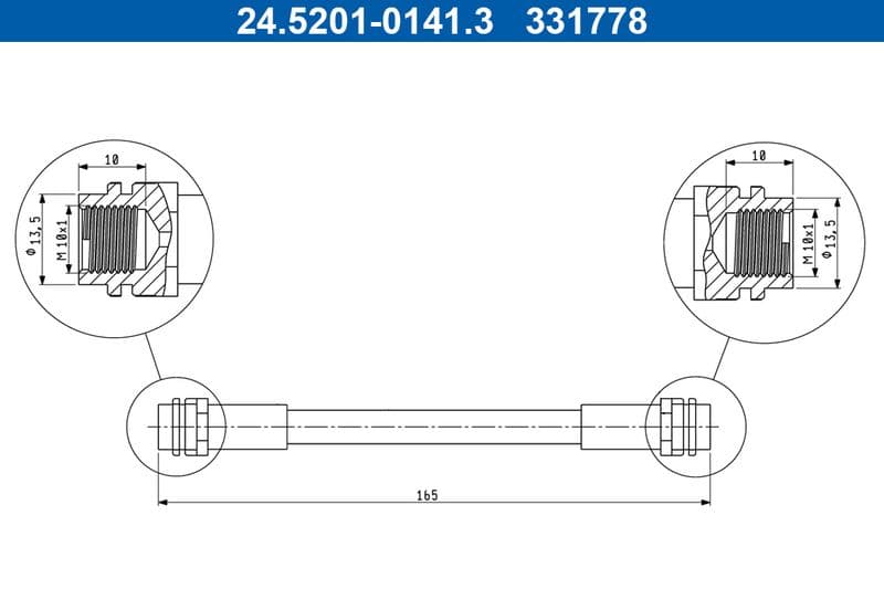 Remleiding/slang flexibel Achter Links/Rechts (lengte 165mm, M10x1) past: AUDI A1, A3, TT  SEAT AROSA, CORDOBA, CORDOBA VARIO, IBIZA II, IBIZA III, IBIZA IV, IBIZA IV SC, IBIZA IV ST 1.0-3.2 02.93-