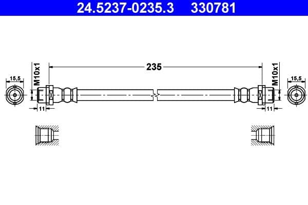 Remleiding/slang flexibel Achter Links/Rechts (lengte 235mm, M10x1/M10x1) past: MERCEDES SPRINTER 3,5-T (B909), SPRINTER 3-T (B903), SPRINTER 4-T (B904), SPRINTER 5-T (B905) 2.1D-2.9D 02.95-
