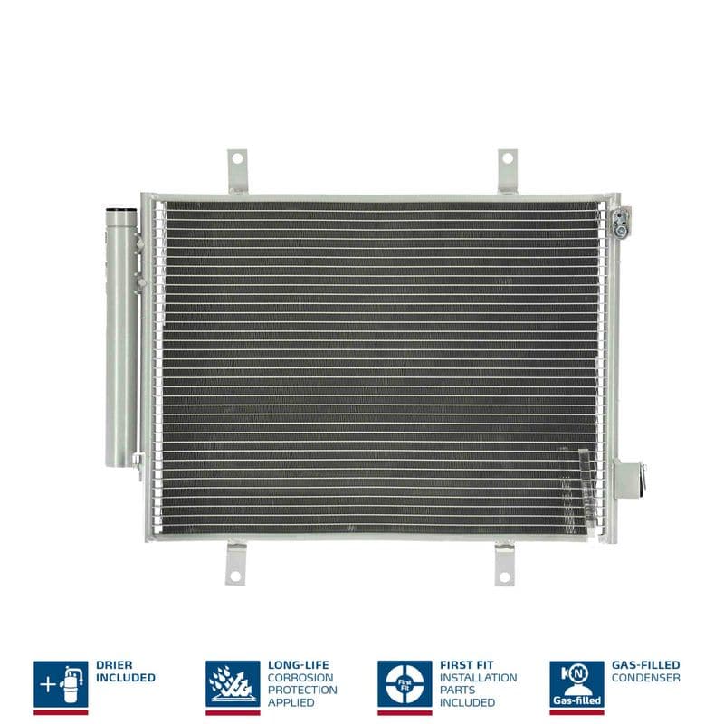 A/C condensator (met droger, (EN) additional fitting elements) past: SUZUKI CELERIO 1.0 03.14-