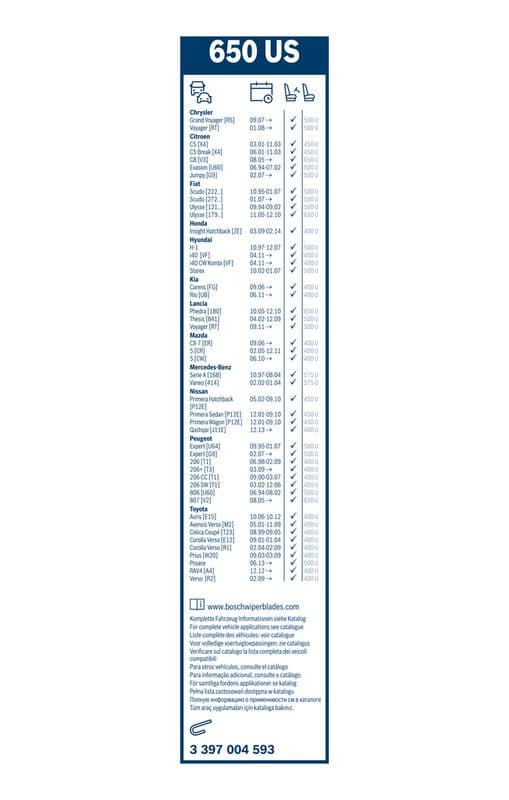 Wisserblad draaibaar Voor met spoiler (1pcs) 650US Twin 650mm past: MERCEDES A (W168), VANEO (414)  ACURA TSX  CHRYSLER GRAND VOYAGER V, TOWN & COUNTRY, VOYAGER V  CITROEN C8, EVASION 06.94-