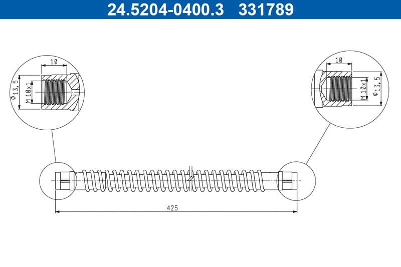 Remleiding/slang flexibel Achter Links/Rechts (lengte 425mm, M10x1/M10x1) past: AUDI Q7  PORSCHE CAYENNE  VW TOUAREG 2.5D-6.0D 05.02-12.18