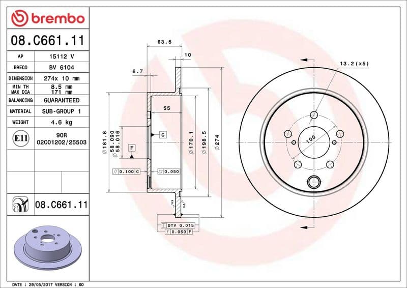 Brake disc Achter Links/Rechts past: AUDI A4 B9  SUBARU FORESTER, IMPREZA, XV 1.6-2.5 07.11-