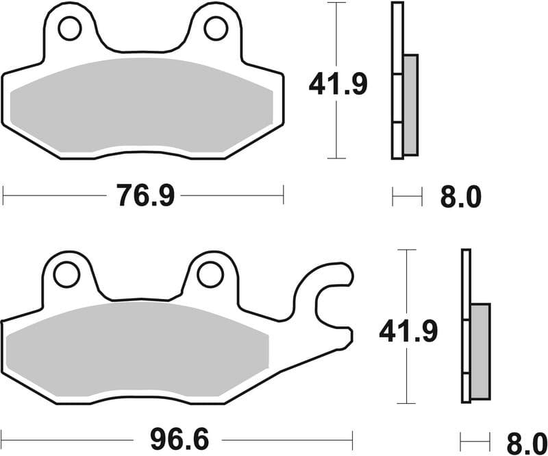 Brake pads Achter, beoogd gebruik: route, materiaal: sinter-SP, 41,9x76,9x8mm past: CAGIVA CANYON, ELEFANT, GRAN CANYON, NAVIGATOR  CPI XS  DAELIM ROADWIN  HYOSUNG MS3 125-1000 1990-2010