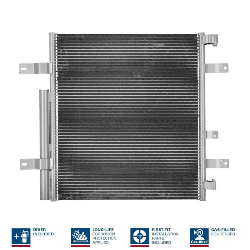 A/C condensator (met droger, (EN) additional fitting elements) past: MERCEDES ATEGO, ATEGO 2, ATEGO 3, ECONIC 2 4.2D-7.7D 01.98-