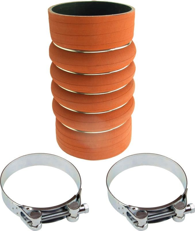 Intercooler slang (Inlaat zijde, 100mm/100mmx200mm, oranje, met klemmen) past: MERCEDES AXOR, AXOR 2, O 340, O 403, OH, SK, TOURISMO (O 350) OM402.970-OM926.999 01.70-