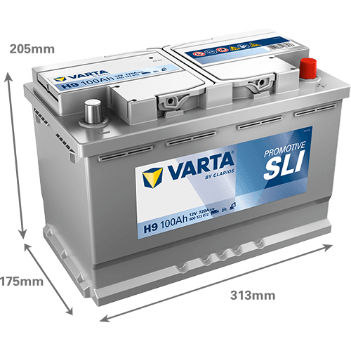 Batterij 12V 100Ah/720A (EN) PROMOTIVE SLI (R+) 313x175x205 B13 - montageflens 10,5 mm (Beginnen)