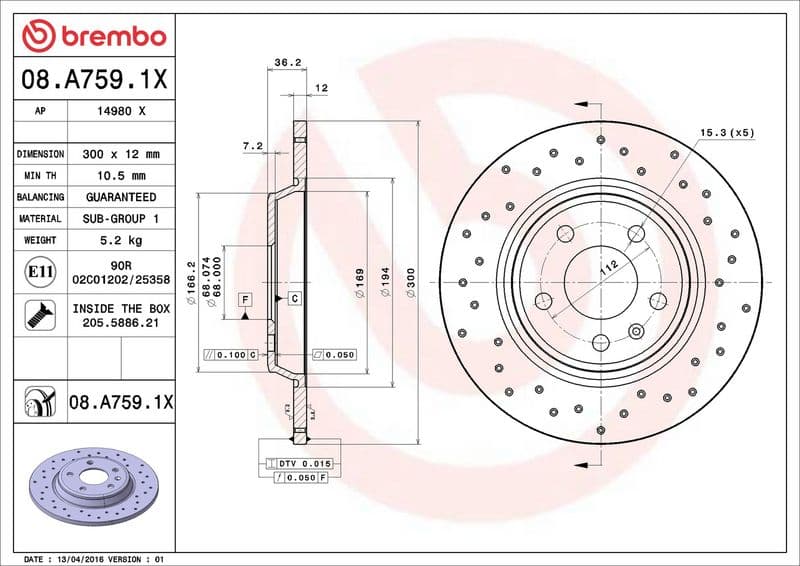 Brake disc, BREMBO Xtra, 1pcs, Drilled, Achter   Links/Rechts, buitendiameter 300 mm, dikte 12 mm, past: AUDI A4 ALLROAD B8, A4 B8, A5, A6 ALLROAD C7, A6 C7, A7, Q5 1.8-4.2 06.07-09.18