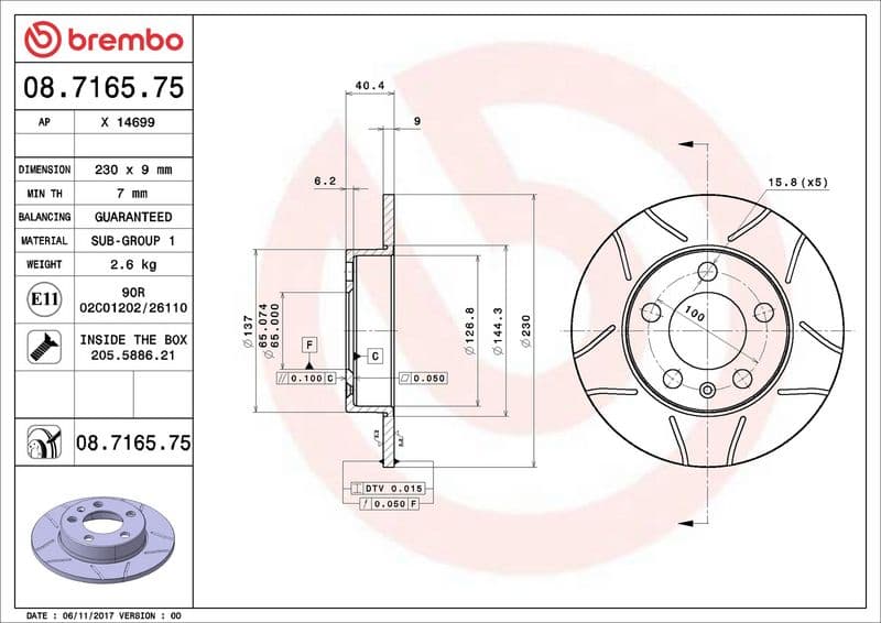 Brake disc, BREMBO Max, 1pcs, Cut, Achter   Links/Rechts, buitendiameter 230 mm, dikte 9 mm, past: MERCEDES VITO MIXTO (DOUBLE CABIN)  AUDI A1, A1 ALLSTREET, A1 CITY CARVER, A2 1.0-2.8 09.96-