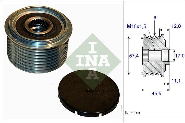 Dynamo poelie (57,4/17x45,5, aantal ribben: 8) past: MERCEDES ATEGO, ATEGO 2, CITARO (O 530), CITO (O 520), CONECTO (O 345), TOURINO (O 510) 4.2D/6.4D 01.98-