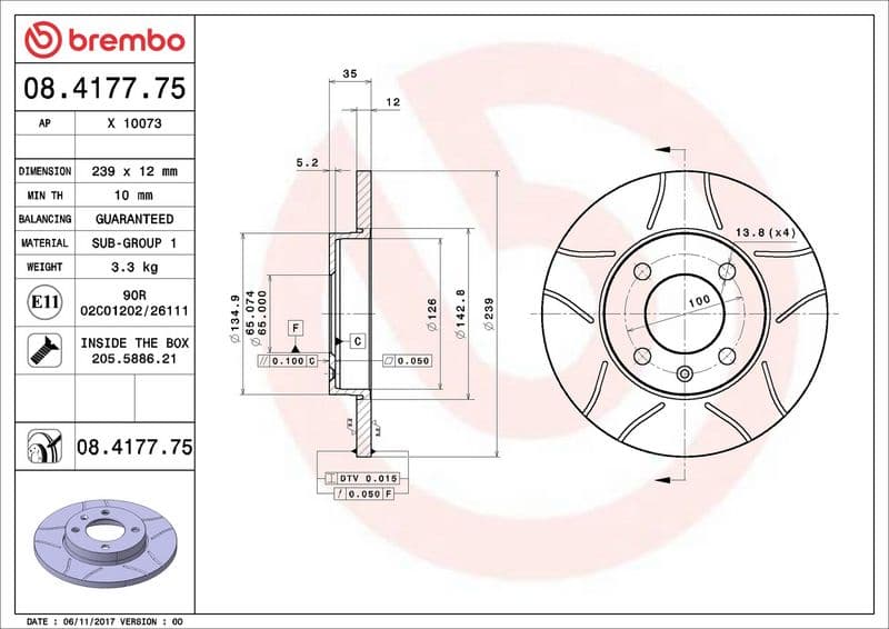 Brake disc, BREMBO Max, 1pcs, Cut, Voor   Links/Rechts, buitendiameter 239 mm, dikte 12 mm, past: AUDI 80 B1, 80 B2, COUPE B2  SEAT CORDOBA, CORDOBA VARIO, IBIZA II 1.0-Electric 05.72-07.06