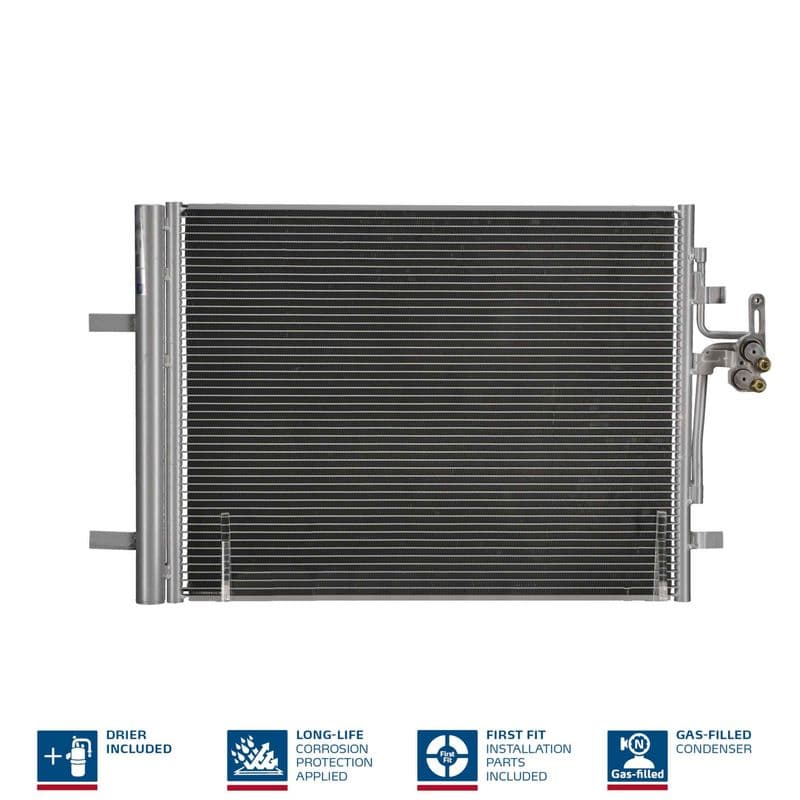 A/C condensator (met droger, (EN) additional fitting elements) past: VOLVO S60 II, S80 II, V40, V60 I, V70 III, XC70 II  LAND ROVER DISCOVERY SPORT, FREELANDER 2, RANGE ROVER EVOQUE 1.5-3.2 03.06-