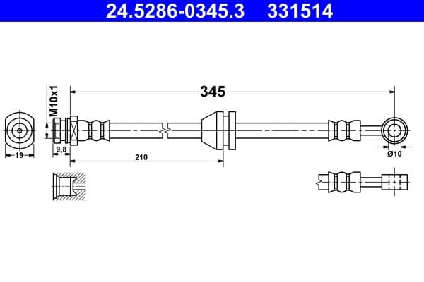 Remleiding/slang flexibel Voor Links/Rechts (lengte 345mm,diameter 10mm, M10x1) past: CHEVROLET SPARK 1.0-Electric 12.09-