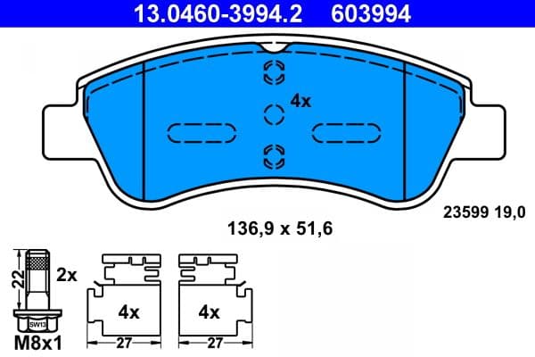 Remblokken set Voor (met extra's  met remklauw geleidingsbouten), past: DS DS 3  CITROEN AMI, BERLINGO, C2, C2 ENTERPRISE, C3 AIRCROSS I, C3 AIRCROSS II, C3 I, C3 II, C3 III 1.0-Electric 05.96-