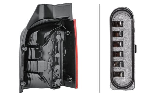 Achterlicht Links (P21/4W/P21W, kleur van het glas red/transparant/wit, anti-fog licht, achteruitrijlicht, versie met achterflap) past: VW TRANSPORTER T5 04.03-11.09