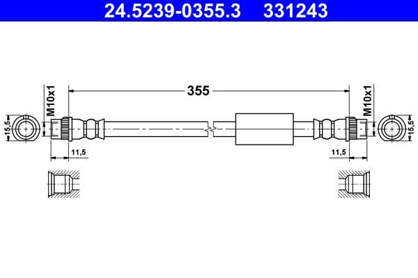Remleiding/slang flexibel Achter Links/Rechts (lengte 355mm, M10x1/M10x1) past: CITROEN JUMPY II  FIAT SCUDO  PEUGEOT EXPERT, EXPERT TEPEE 1.6D/2.0/2.0D 11.06-