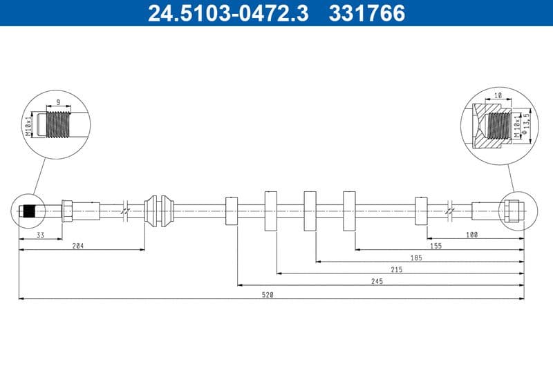 Remleiding/slang flexibel Voor Links/Rechts (lengte 520mm,diameter 10mm, M10x1/M10x1) past: AUDI A4 ALLROAD B8, A4 B8, A5 1.8-4.2 06.07-01.17