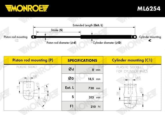 Gasveer motorkap Links/Rechts maximale lengte: 730mm, sUV:315mm past: VOLVO V40 LIFTBACK 03.12-08.19