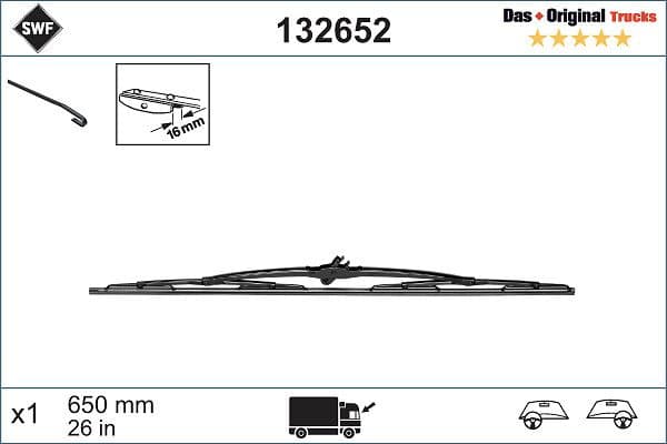 Wisserblad draaibaar Voor (1pcs) Truck 650mm past: IVECO EUROCARGO I-III, EUROCARGO V, EUROFIRE II, EUROSTAR, EUROTECH MH, EUROTECH MP, EUROTECH MT, EUROTRAKKER, MAGIRUS, POWERSTAR, P/PA 01.80-