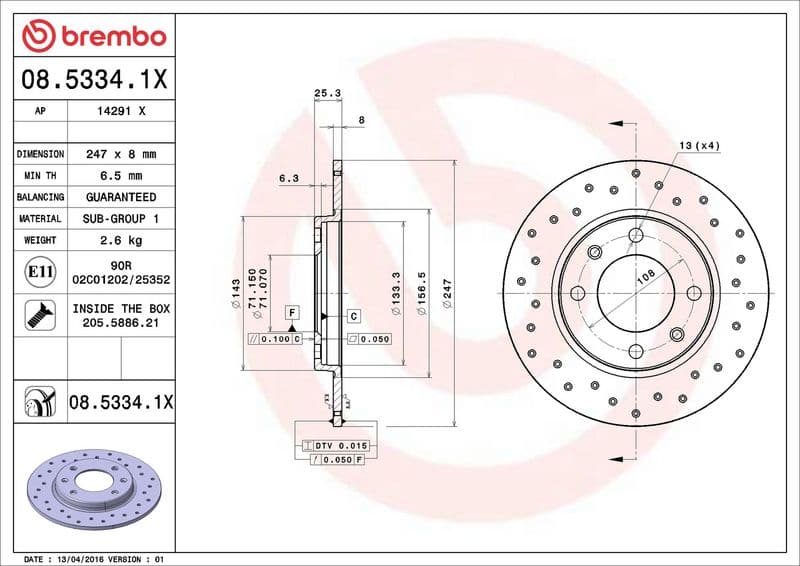 Brake disc, BREMBO Xtra, 1pcs, Drilled, Achter   Links/Rechts, buitendiameter 247 mm, dikte 8 mm, past: CITROEN SAXO, XSARA, ZX  PEUGEOT 106 II, 206, 207, 306 1.1-2.0D 03.91-